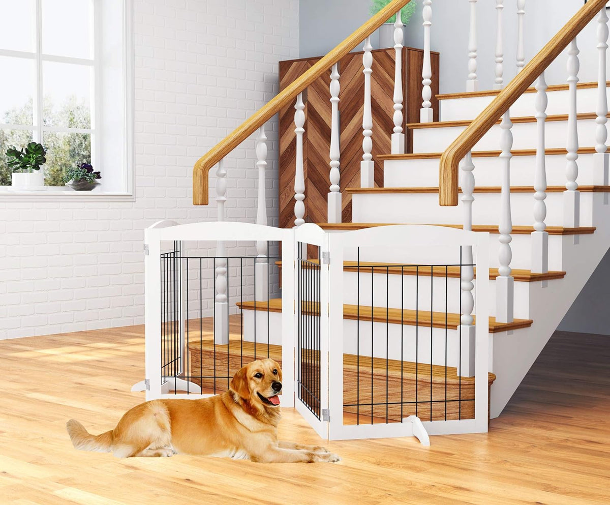 PAWLAND Dog Gate Indoor with Door, Freestanding, Foldable - White / 【4 Panels】96"W x 32"H - image 3
