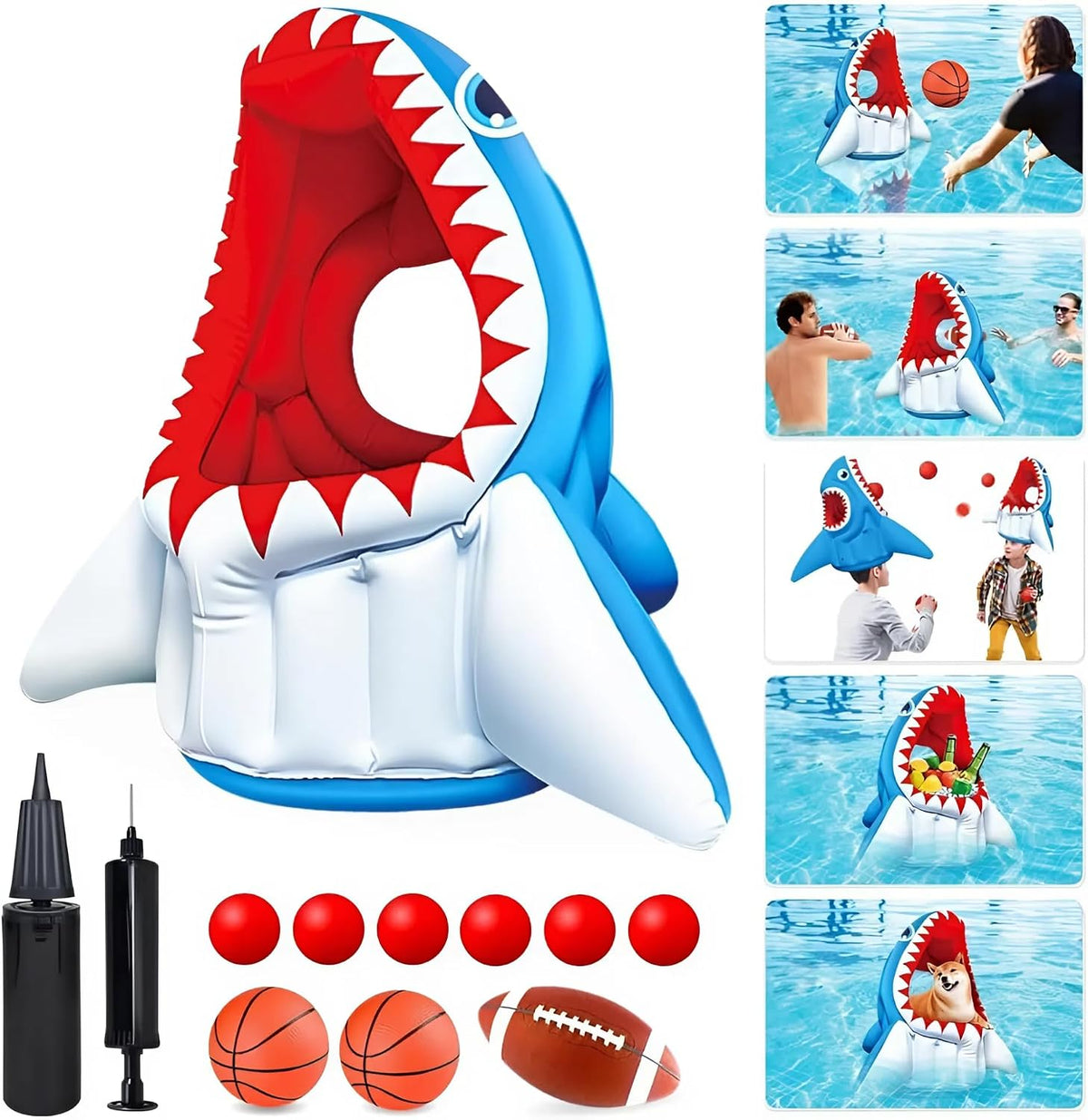 Hymaz inflatable blue octopus pool toy with basketball hoop, balls and ring toss rings