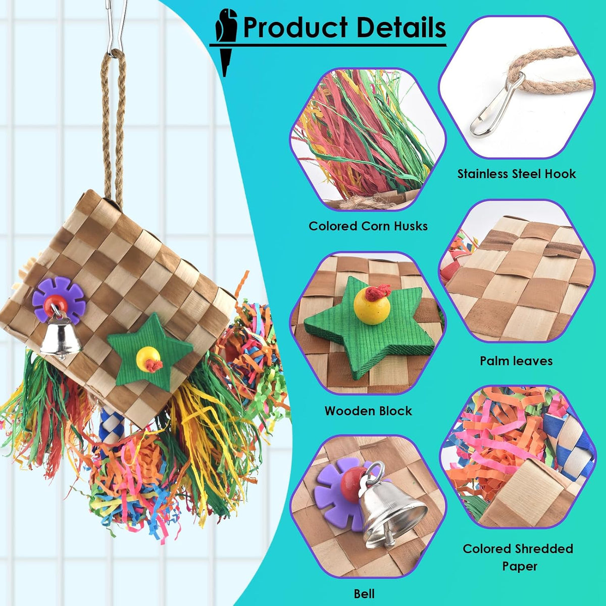 Bissap Bird Chew Toys, Parrot Foraging Shredder Natural Palm Frond Hanging Cage Toy for Conure - Flat Square - image 3