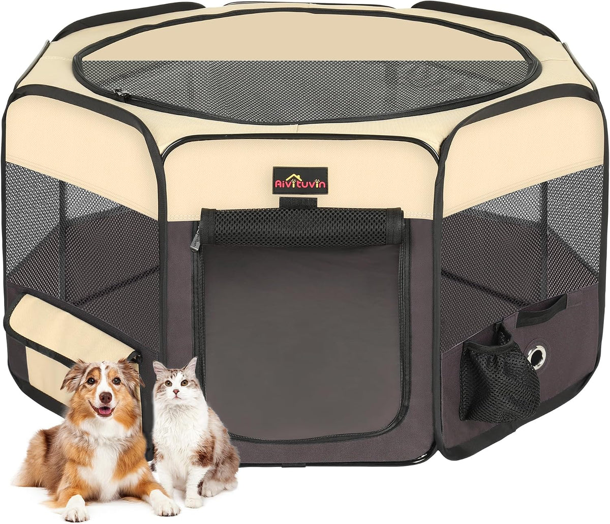 Aivituvin Dog Playpen, Foldable Pet Play Pens with Carrying Bag for Cat, Puppies, Rabbits, Portable - Medium (Pack of 1) / Brown