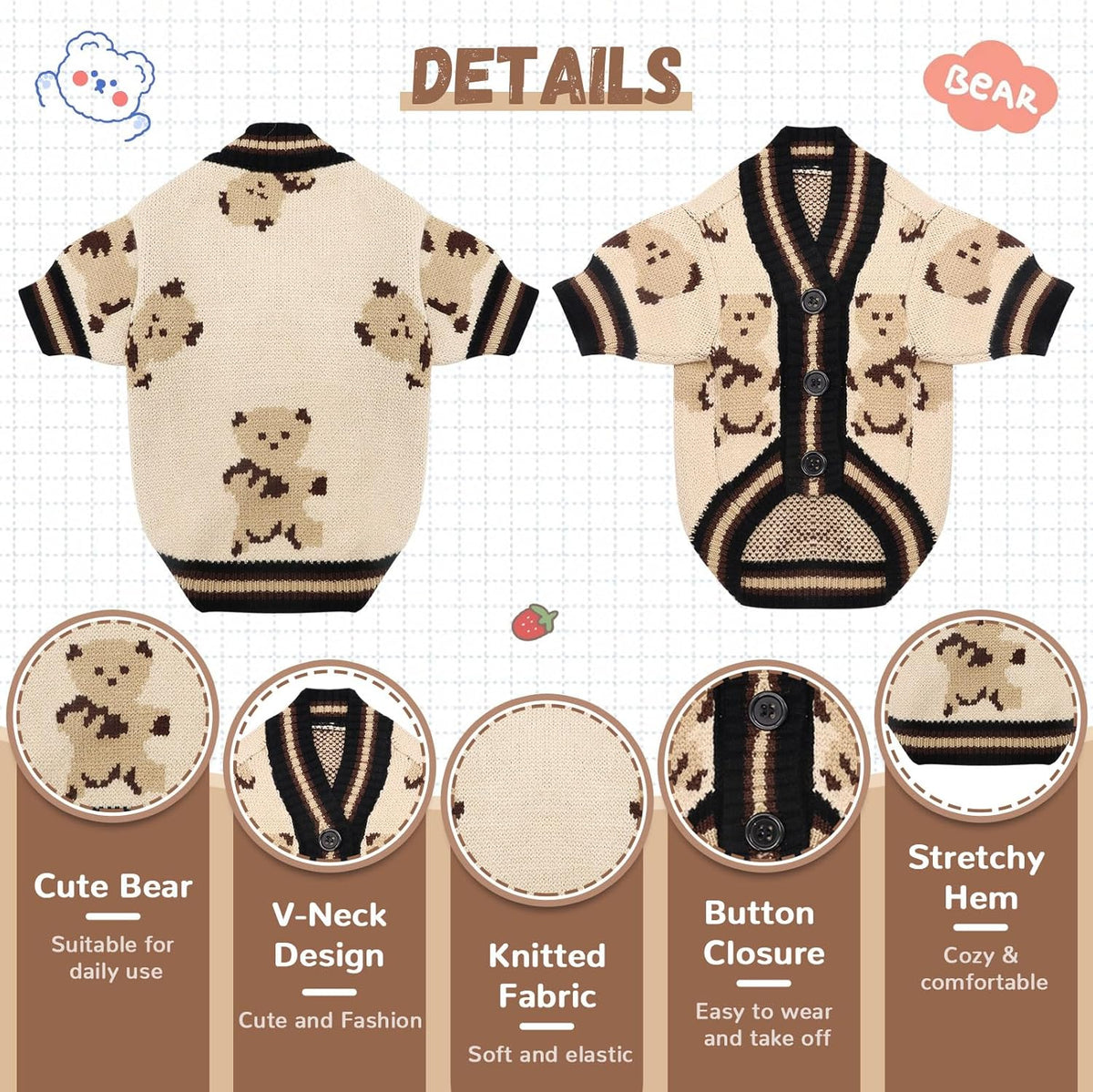 Small dog sweater cardigan with cute bear pattern and button closures - view 4