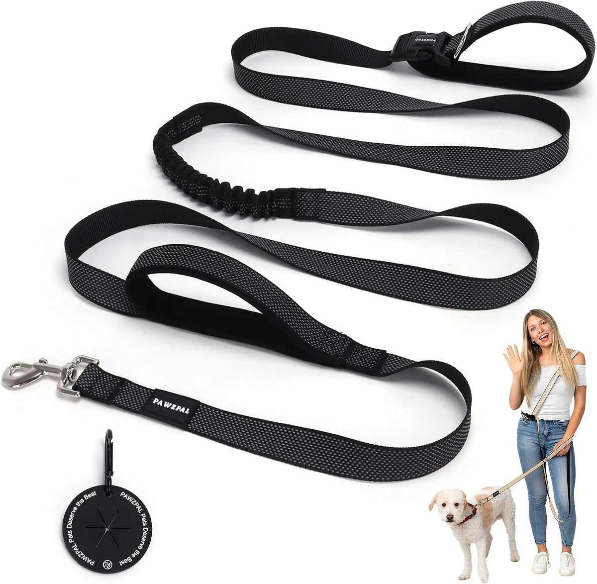 Hands Free Dog Leash, Waist & Crossbody 2-in-1 for Jogging & Hiking – Essentials for Dogs - Black / Large (8–10FT)