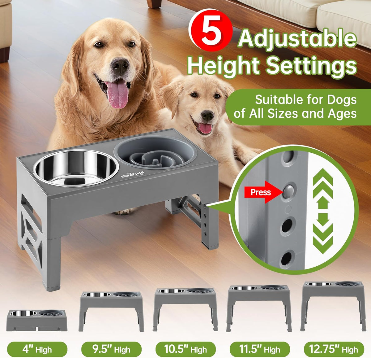 EliteField Elevated Dog Bowls - 2 Bowls + 1 Slow Feeder / Gray - image 2