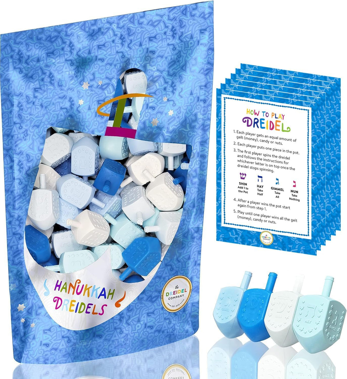 The Dreidel Company 25 pack Hanukkah dreidels in blue and white plastic with foil Hebrew letters - view 2