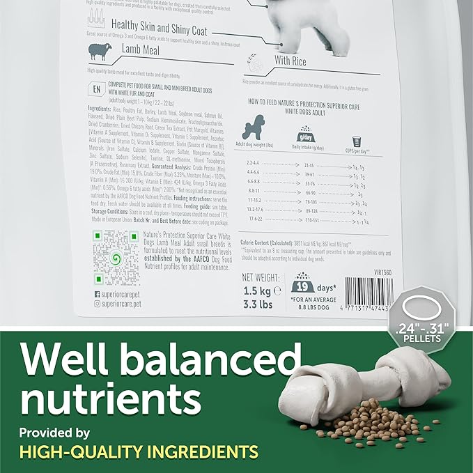 Nature's Protection Superior Care White Dogs Rice Based Dry Dog Food - High Protein, Tear Stain Dog Food for Small & Mini Breeds Light Coated Adult Dogs, Fresh Pet Meal, Lamb and Rice, 22 lb