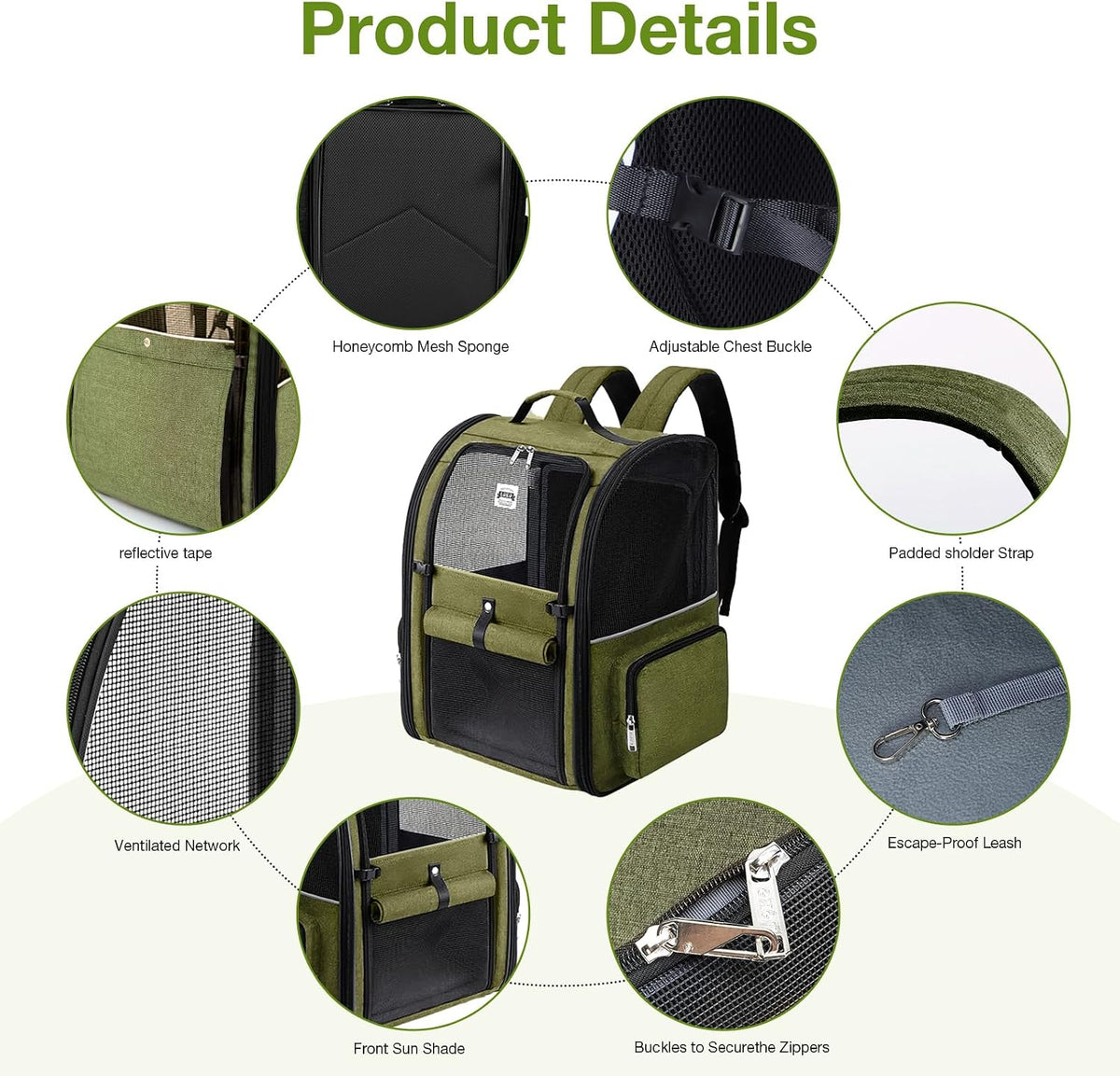Cat Carrier Backpack, Expandable Pet Carrier with Sun Shade & Full Front Opening, Breathable Mesh - Dark Green / XL-Mesh Window - image 3