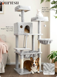 Ouritsu Cat Tree, 56 inch Tall Cat Tower for Large Cat Indoor, Large Condo, 2 Padded Perches, Steel-Framed Hammock, Scratching Post and ramp, Fluffy Basket, Light Gray, LF001GA