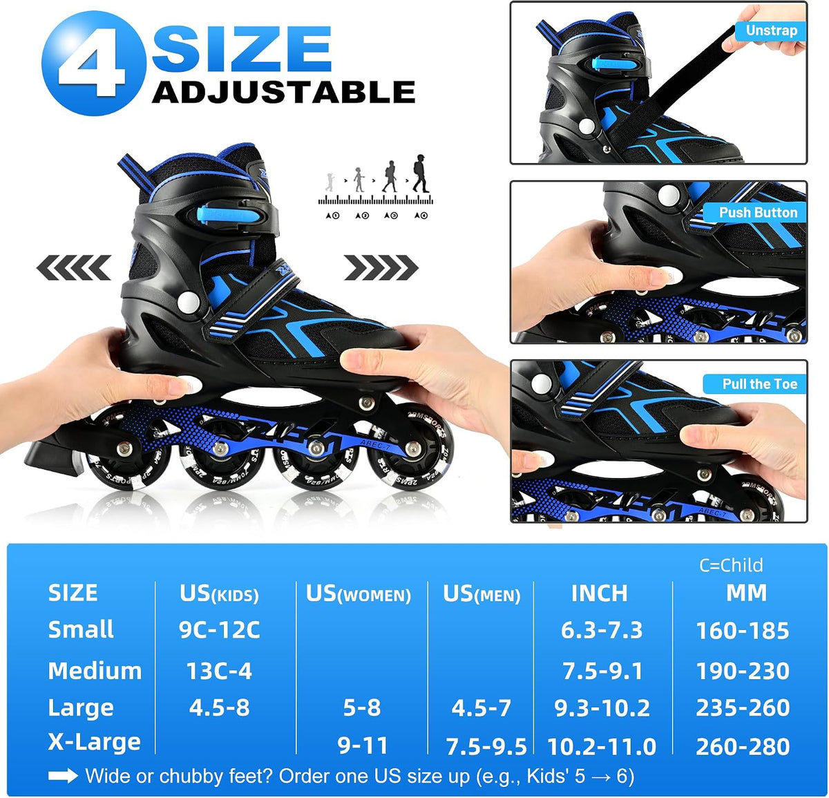 2PM SPORTS Adjustable Inline Skates for Kids, Youth and Adults – Fun for Kids & Family - C Blue / Small - Little Kid (9C-12C US) - image 3