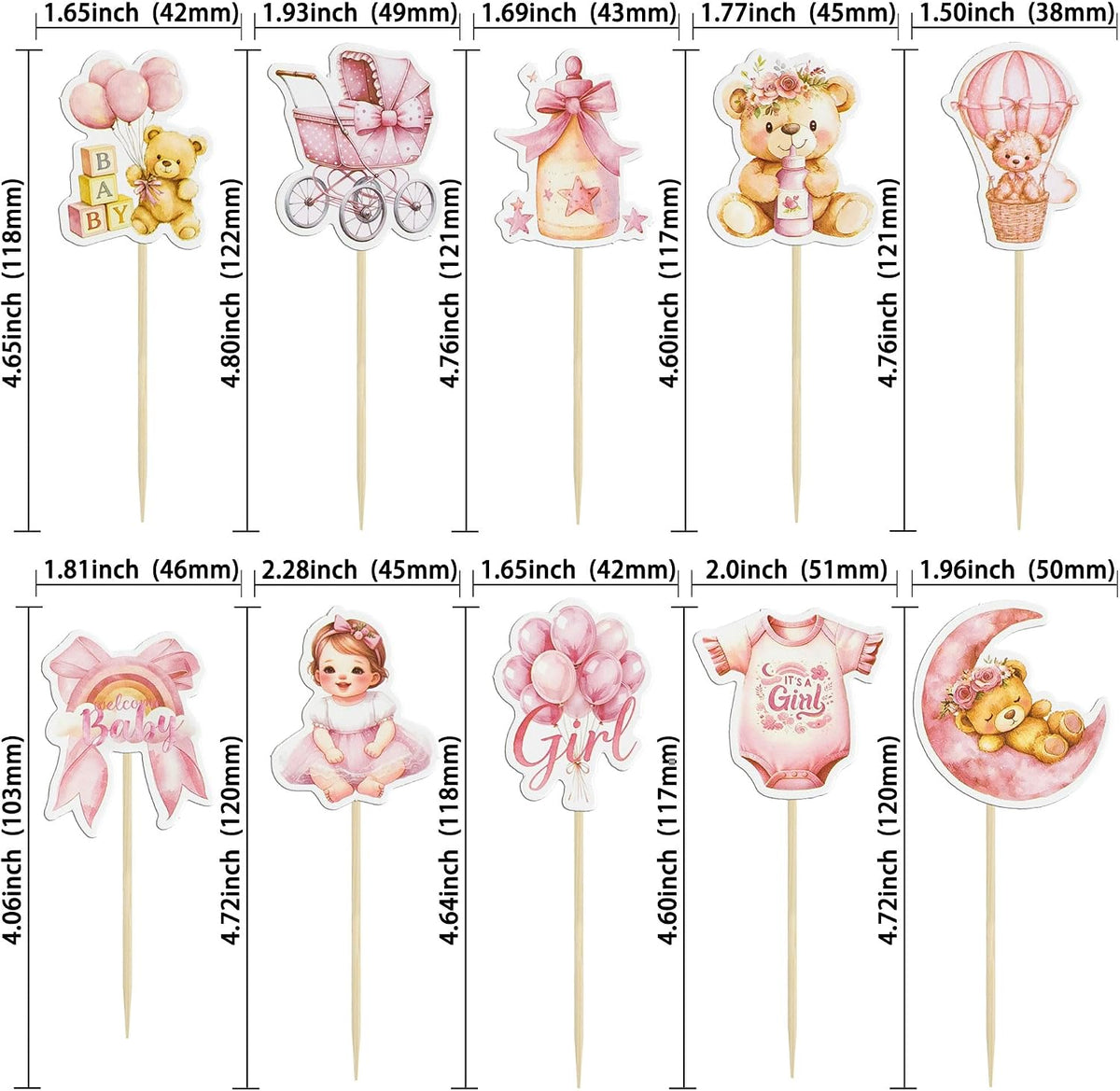 Gyufise 36Pcs Baby Shower Bear Cupcake Toppers Moon Baby Bear Baby - Deep Pink - image 2