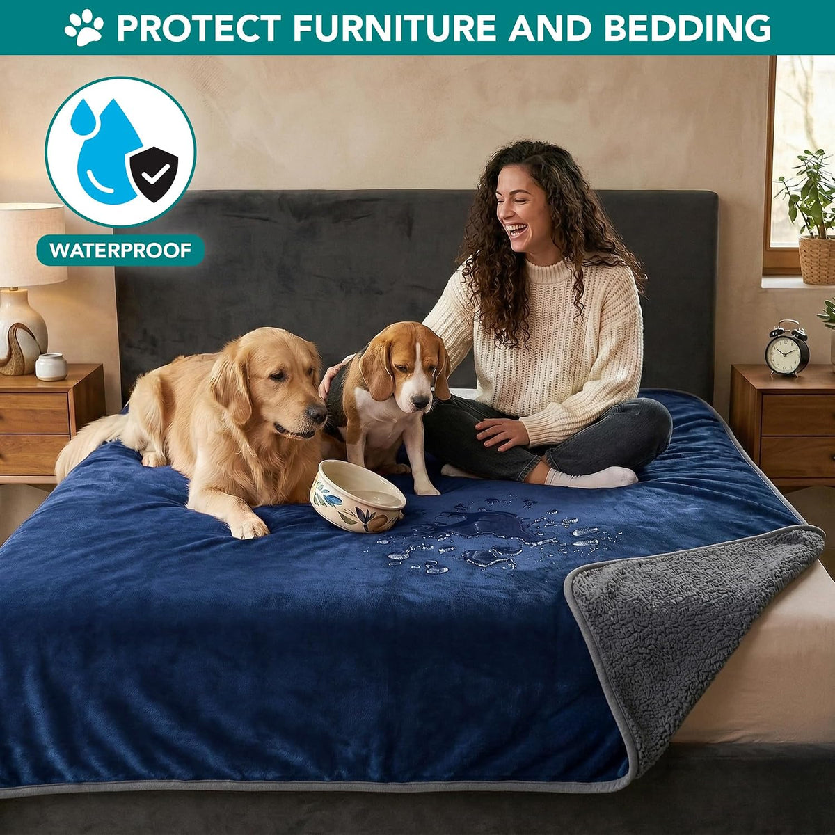 PetAmi Waterproof Dog Blanket Puppy Couch Bed Cover Queen 90x90 - Navy/Gray / Queen (90x90) - image 2
