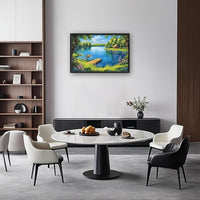 Large Lake Cabin Wall Art for Living Room, Framed Oversized Tree Boat Wildflowers Wall Decor Nature Landscape Canvas Painting Modern Artwork for Bathroom Bedroom Office Dining Room 36"x24"