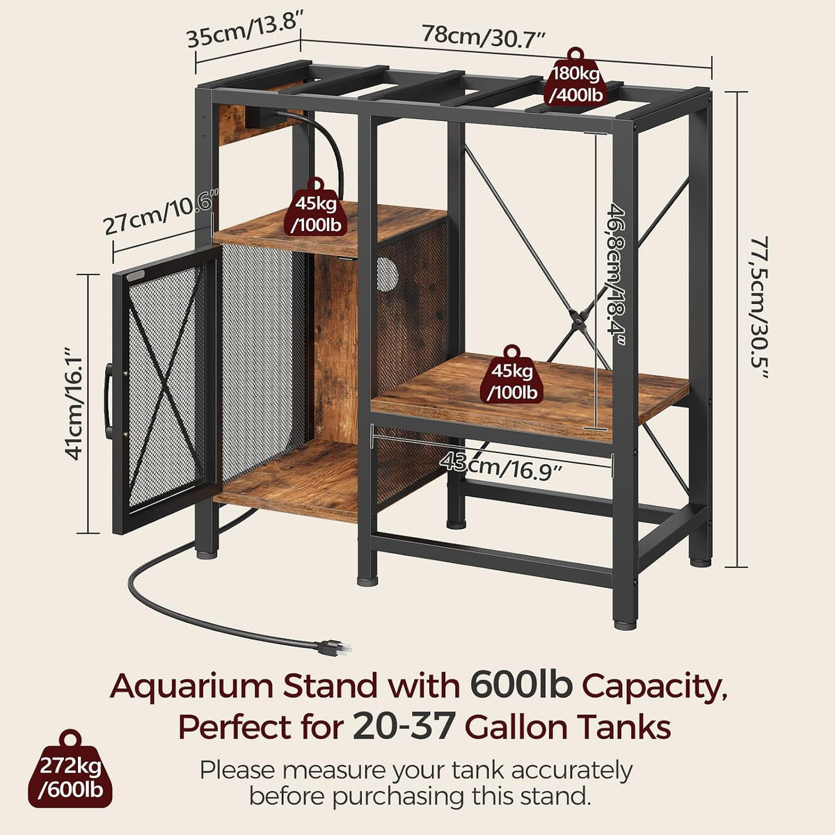 MAHANCRIS 40-50 Gallon Fish Tank Stand with Power Outlet and Storage – Essentials for Fish - Rustic Brown / 20-37 Gallon - image 3