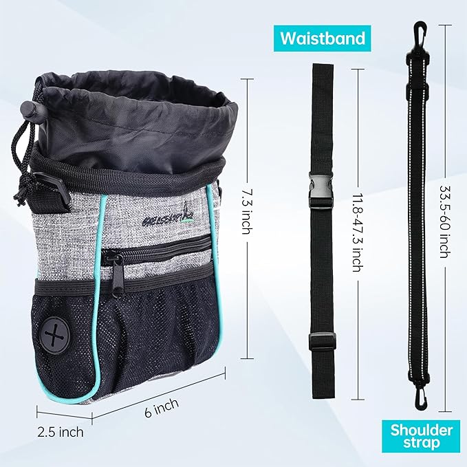 Dog Treat Pouches Training Walking Bag with Shoulder Strap, Large Space for Pets Food, Polyester Fabric, 3-Way Wearing Design, Portable Pet Bagand Easy to Clean, Black with Grey