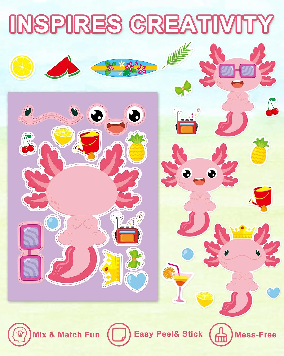 30 Unicorn Make-a-Face Sticker Sheets for Kids – Fun for Kids & Family - Axolotl - image 4