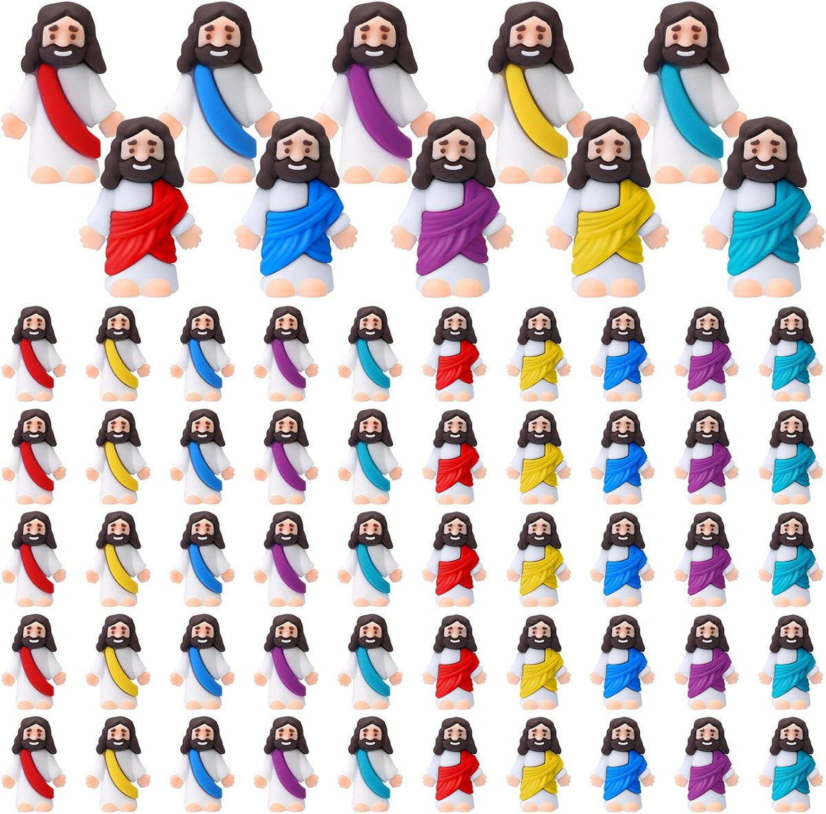 Bememo 50 pack little Jesus figurines in red, blue, purple, yellow and cyan