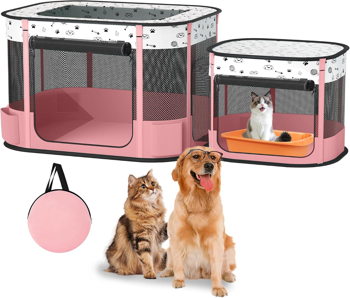 Cat Playpen, Portable Pet Dog Playpen - Pink / 32" × 24" × 22"