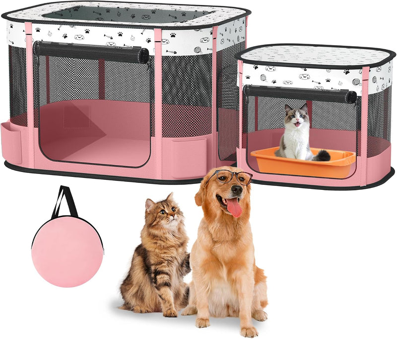 Cat Playpen, Portable Pet Dog Playpen - Pink / 32" × 24" × 22"