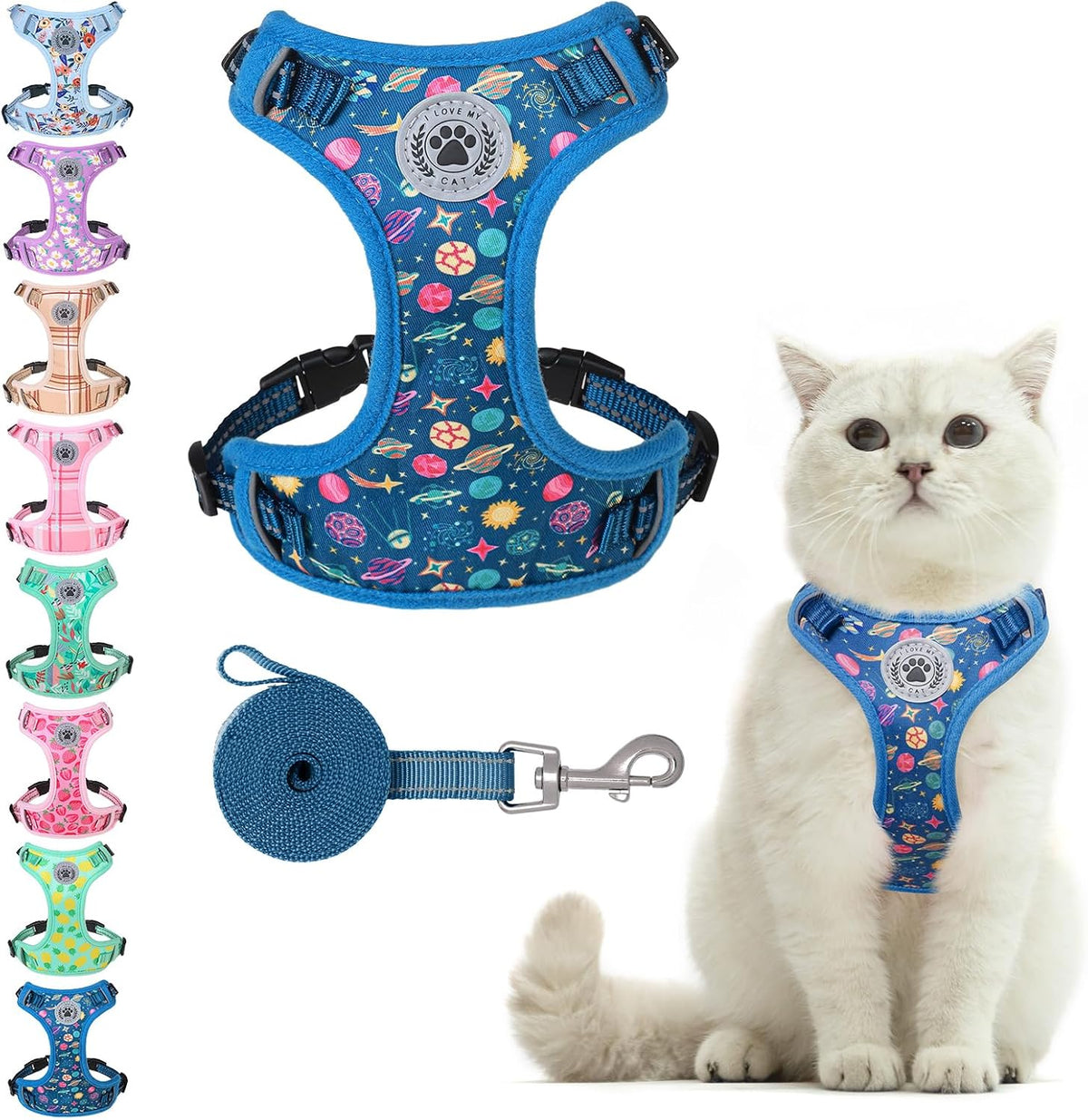 Cat Harness and Leash Set, Escape Proof and Adjustable - Planets Stars Navy Blue / M (Chest: 12 - 19")