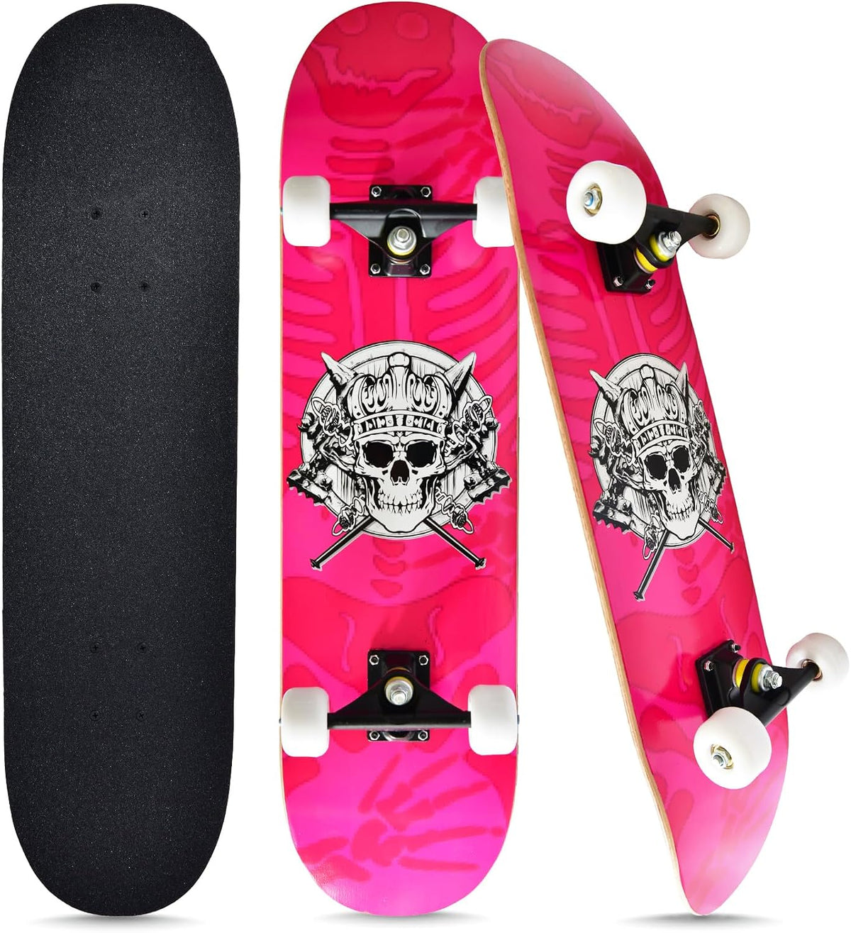 Skateboards for Beginners Kids Boys Girls and Adults, 31''x8'' - Pink Skull
