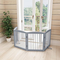 Freestanding Pet Gate - Foldable Wooden Dog Gate for House, Indoor, 80 Inch Wide, 4 Panels 24", Grey