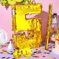 Sratte gold foil number piñata set with gold blindfold, piñata stick and bag of confetti - view 25