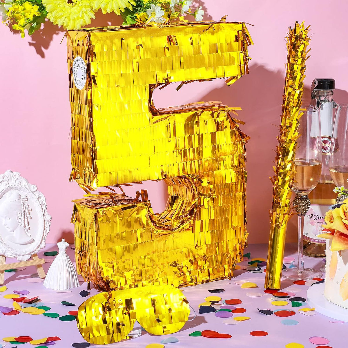 Sratte gold foil number piñata set with gold blindfold, piñata stick and bag of confetti - view 25