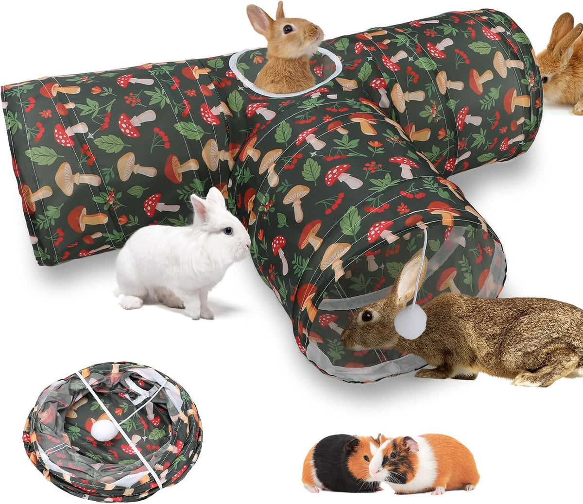 Bunny Tunnels & Tubes, 3-Way Collapsible Rabbit Hideout for Bunnies – Essentials for Small Pets - Mushroom