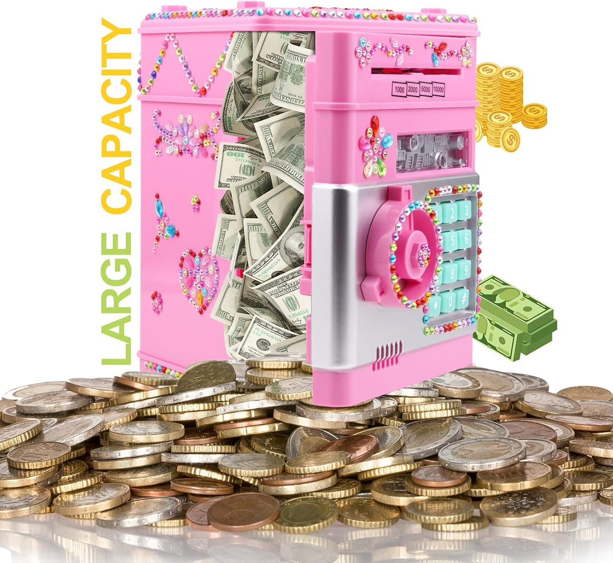 Piggy Bank for Kids Girls Boys with Password Code Lock Cash Coin Can - Pink - image 3