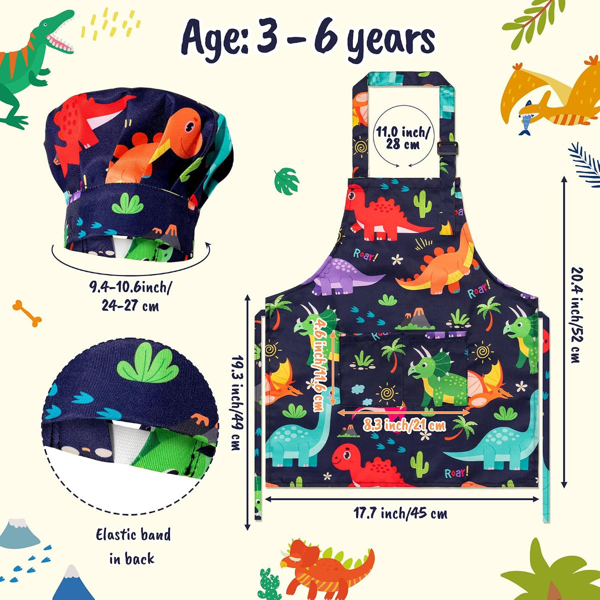 4Pcs Kids Apron and Chef Hat Set Gift for Girls Boys - Dinosaurs - image 2