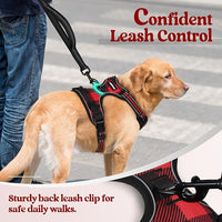rabbitgoo Dog Harness No Pull with 2 Leash Clips, Adjustable Soft Padded, Reflective Oxford No Choke Pet Vest with Easy Control Handle for Medium Sized Dogs, Red Plaid, M
