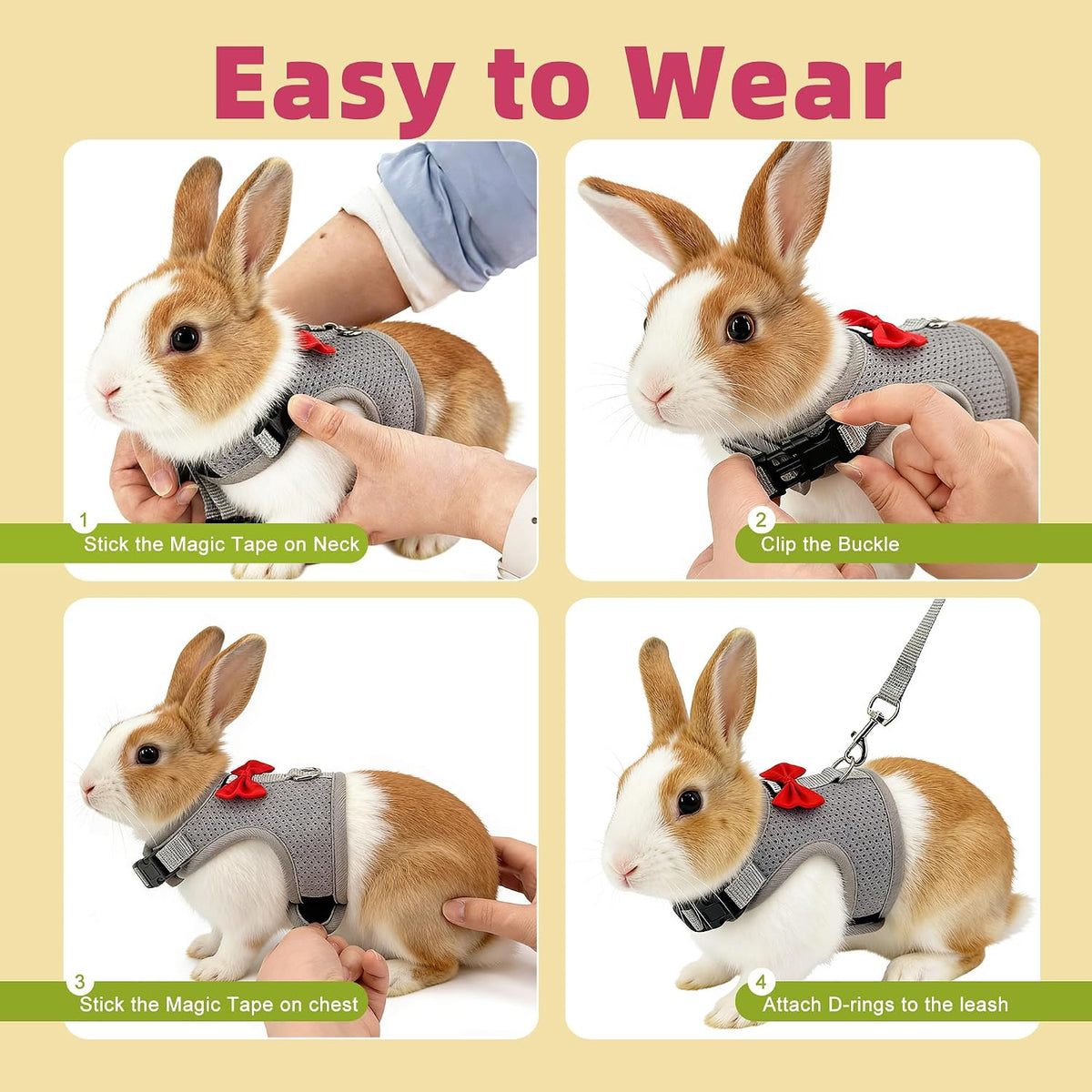 Breathable Bunny Harness and Leash Set with Cute Bow, Black S – Essentials for Small Pets - S / Grey - image 4