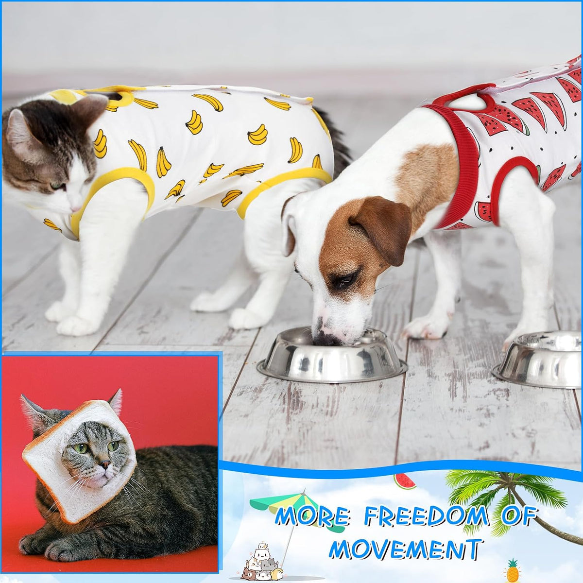 Kacctyen 6-piece cat recovery suit set in fruits print, medium, 100% cotton - view 4