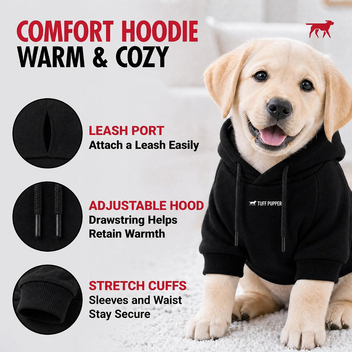 Tuff Pupper Dog Hoodie, Premium Quality Insulated Fabric - Black / Medium (25-40 lbs) - image 3