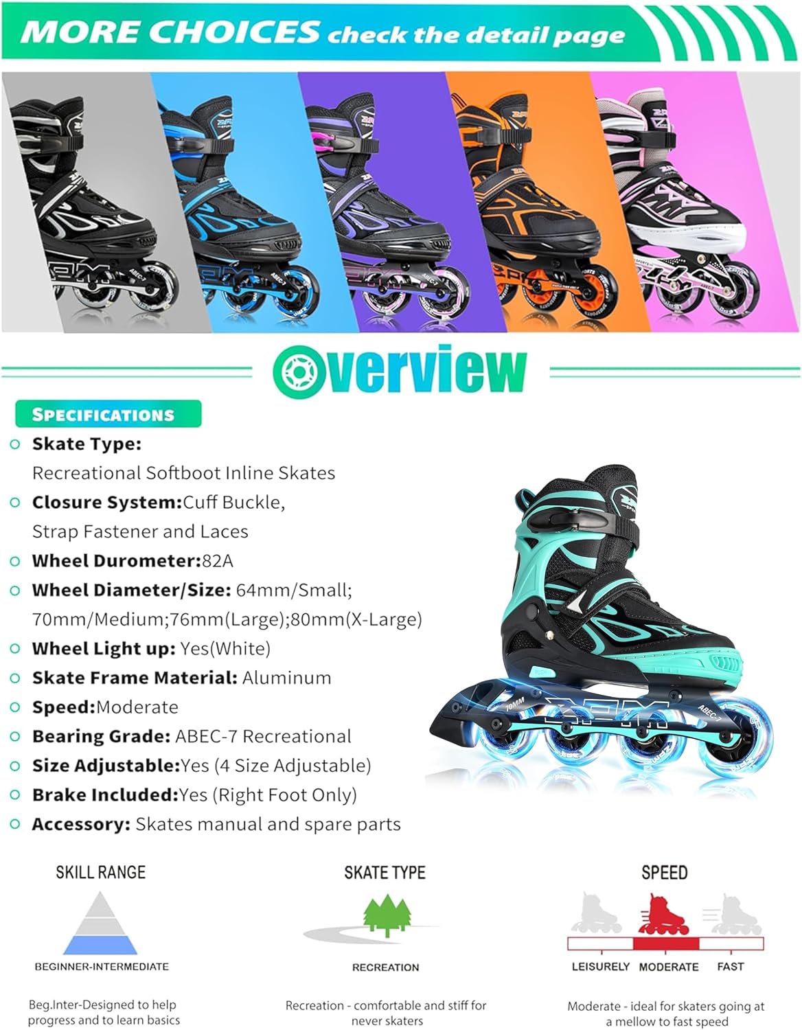 2PM SPORTS Adjustable Inline Skates for Kids, Youth and Adults - Mint / Small - Little Kid (10.5C-12.5C US) - image 3