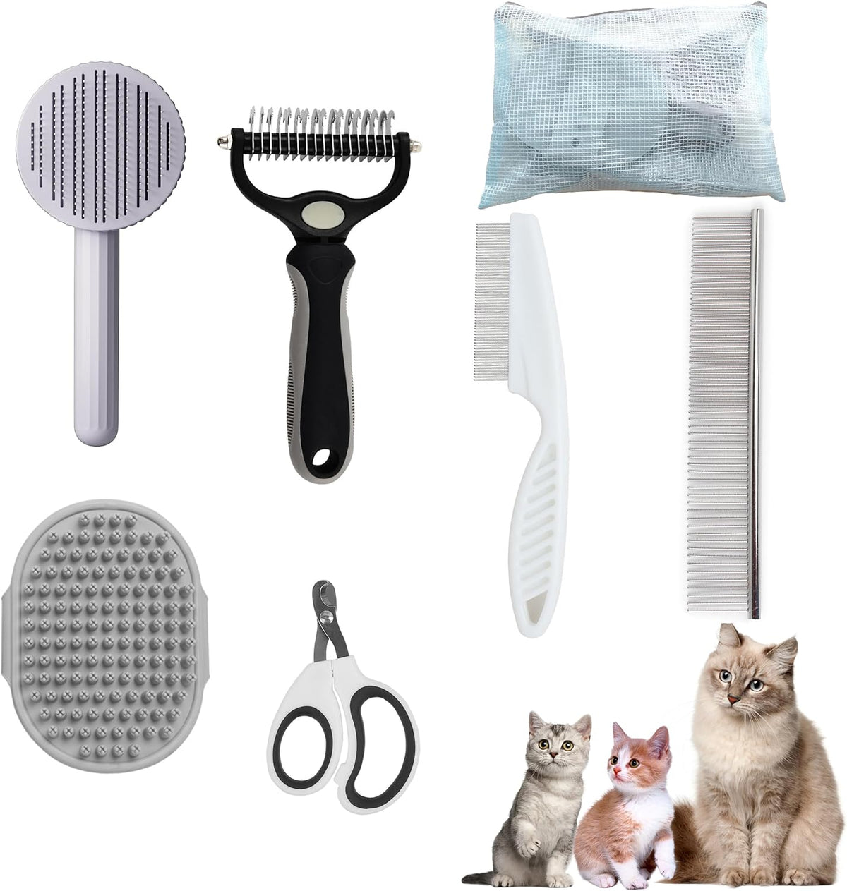 Cat Grooming Kit, 6-Piece Deshedding Brush Set, Pink – Essentials for Cats - White