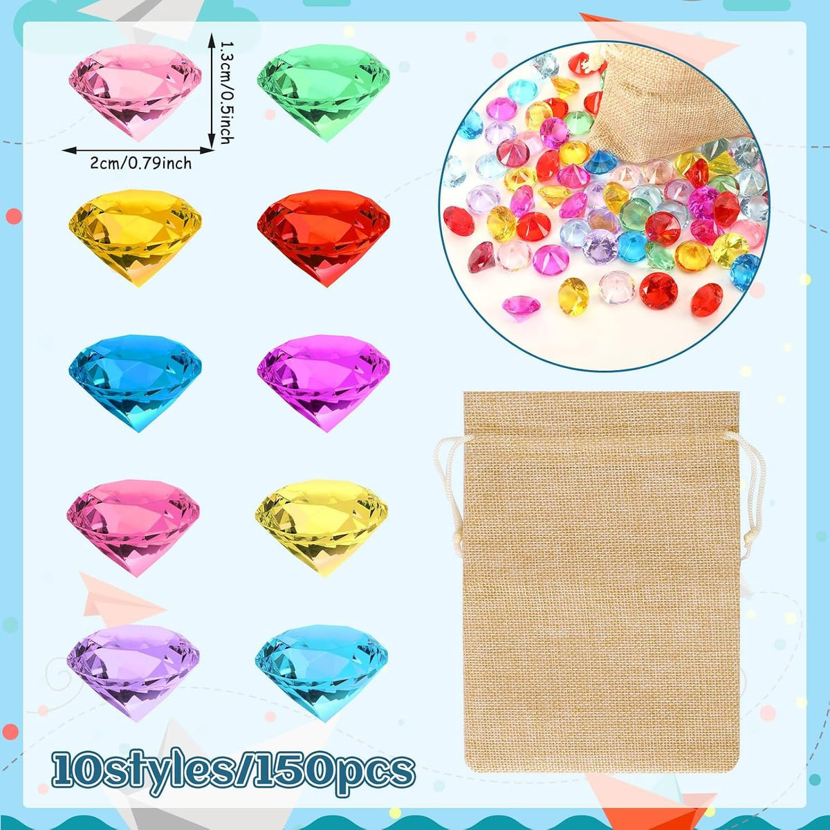 MARFOREVER 150 colorful acrylic pirate treasure gems with gunny bag - view 11