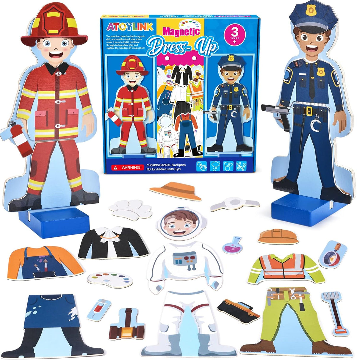 Atoylink Wooden Magnetic Dress up Dolls Pretend Play Set 40+ Pcs - Boy