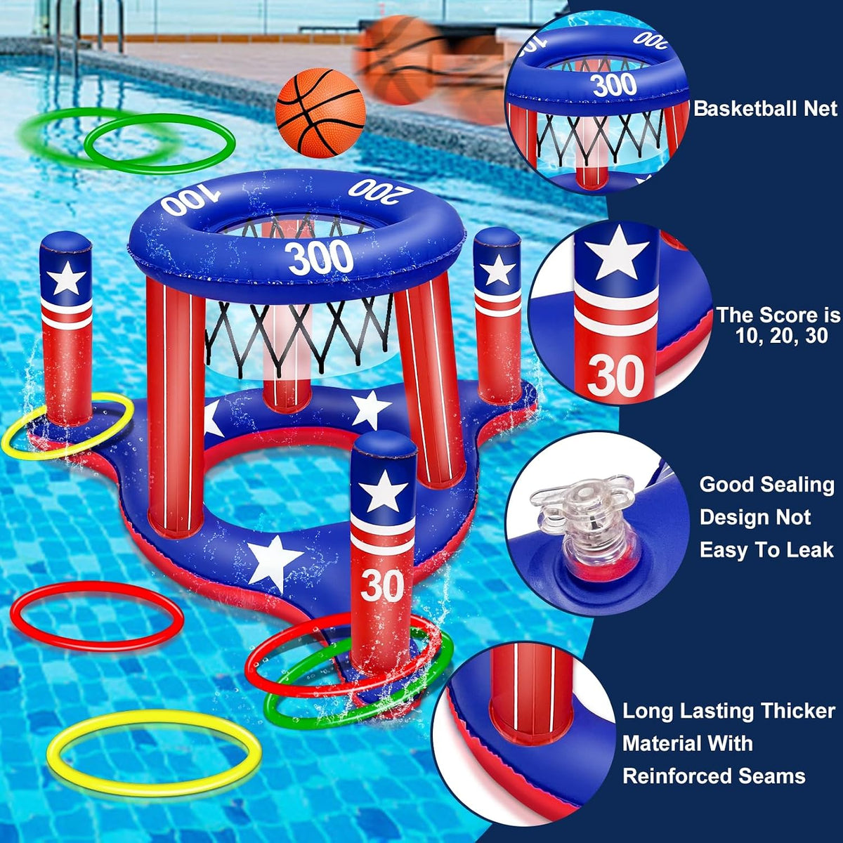 Amenon American flag floating pool basketball hoop and ring toss set in red, white and blue - view 3