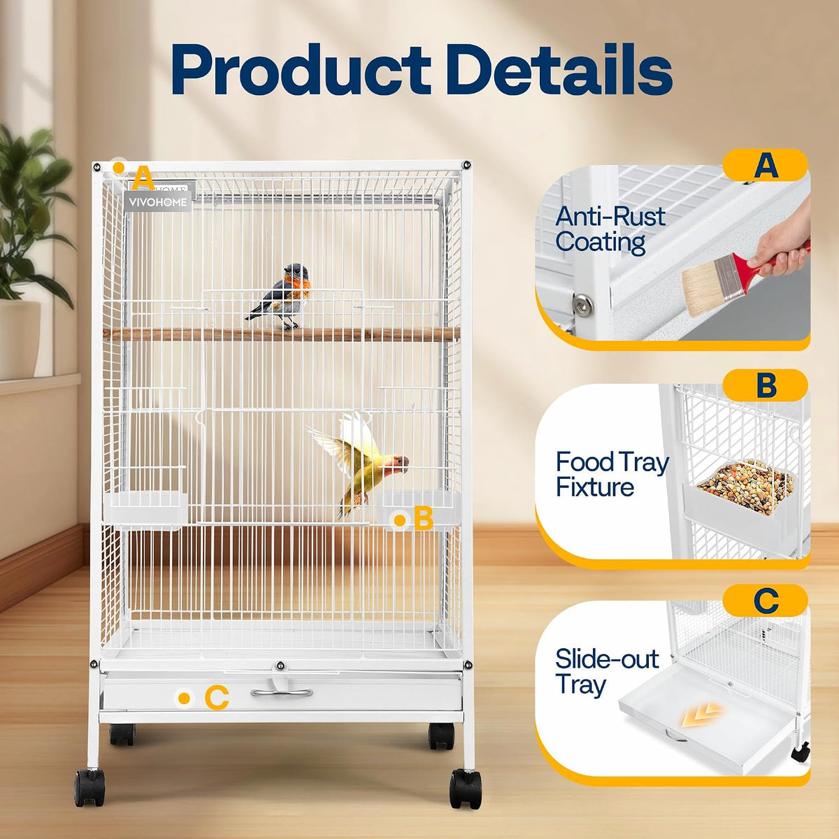 VIVOHOME Wrought Iron Bird Cage with Rolling Stand - White - image 3