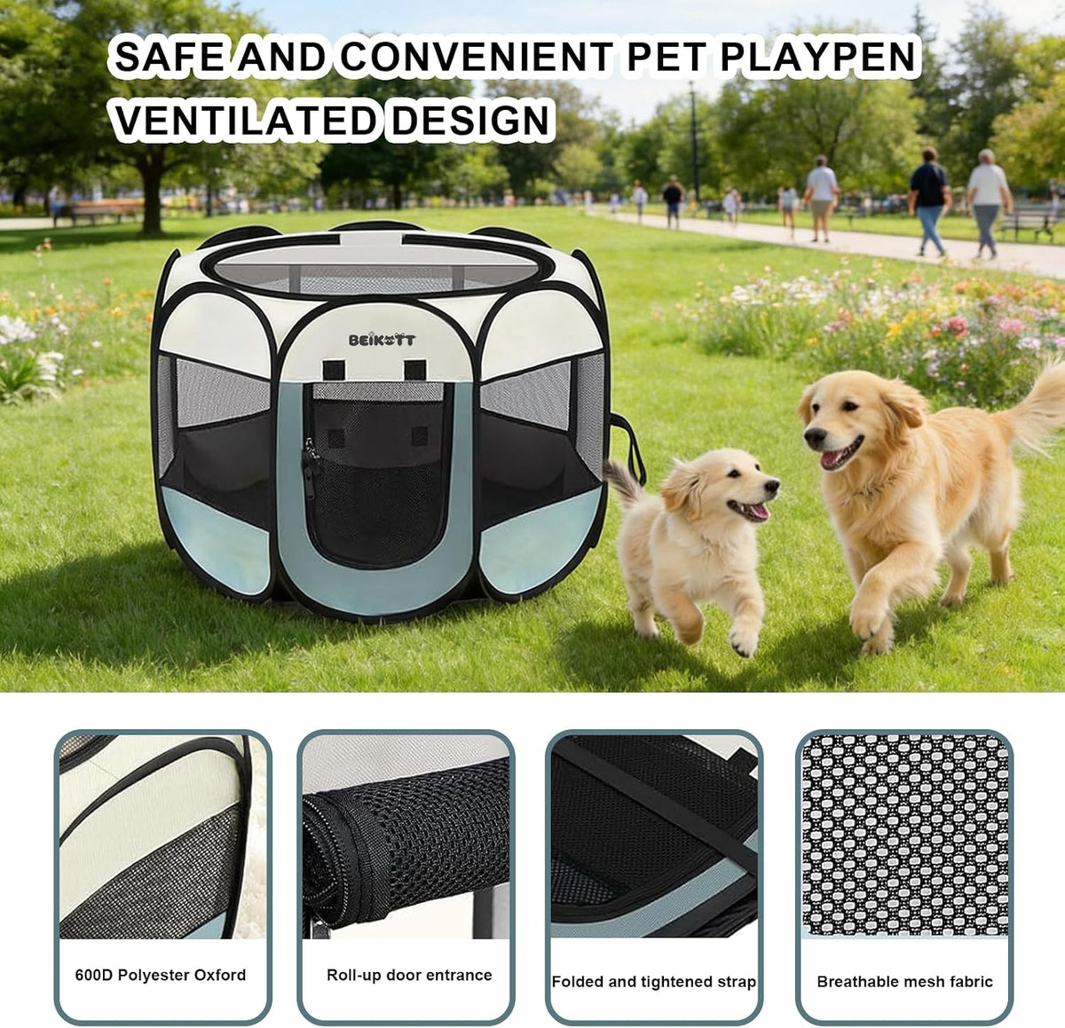 Dog Cat Playpen, Puppy Pet Crate Tent Cage - Grey / L(45"L x 45"W x 23"H) - image 3