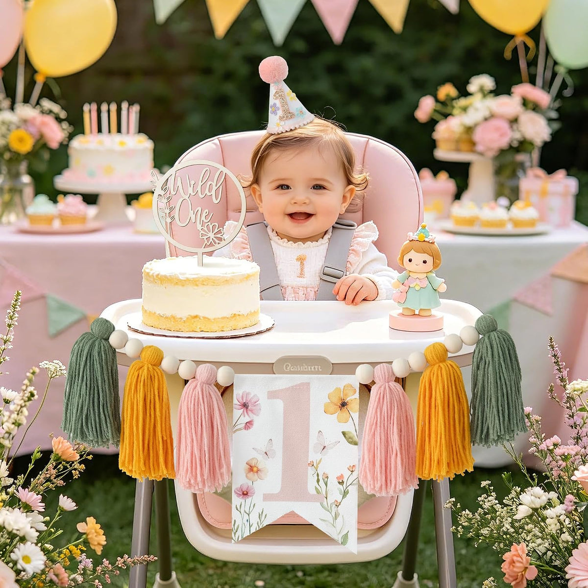 First Birthday Decorations for Boy Blue One Year Old High Chair - pink yellow green - image 4