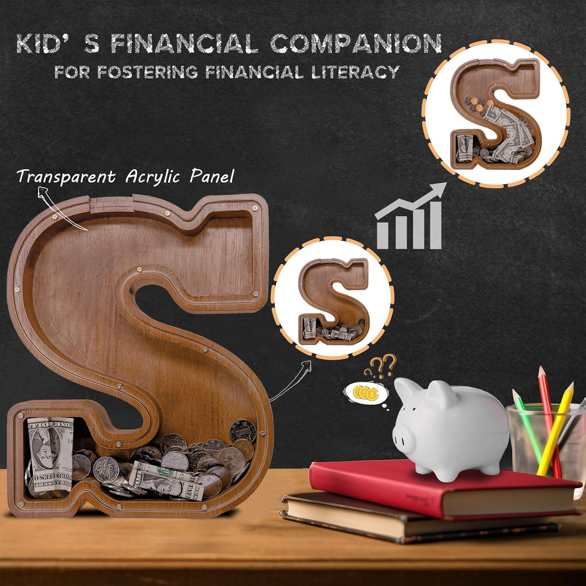 JOOMLAFLY Wooden Letter Piggy Bank for Kids 9"Clear Coin Bank - S / Initial-12" - image 3