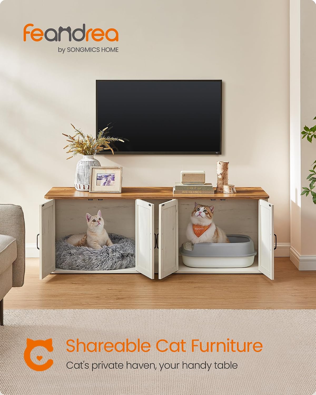 Feandrea Double Cat Litter Box Enclosure for 2 Cats, Front Entry – Essentials for Cats - Honey Brown + Rustic White / XXL (59"L x 19"W x 19.5"H) - image 2