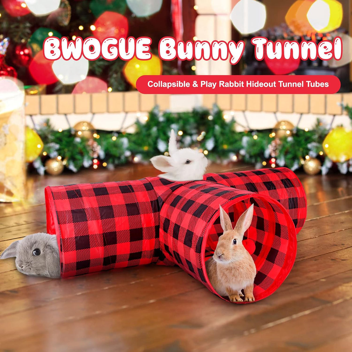 Bunny Tunnels & Tubes, 3-Way Collapsible Rabbit Hideout for Bunnies – Essentials for Small Pets - Plaid - image 2