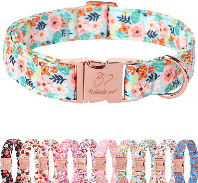 Pink Checkerboard Dog Collar, Classic Girly Plaid Dog Collars - L / Light Blue Flower