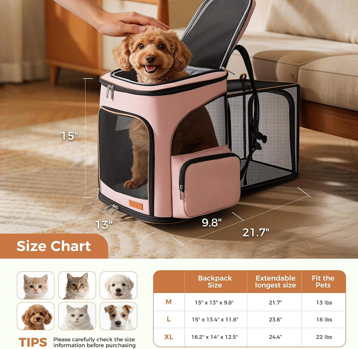 Lekereise Cat Backpack Expandable Pet Carrier Backpack for Small Cats - Pink / XL-Mesh Window - image 2