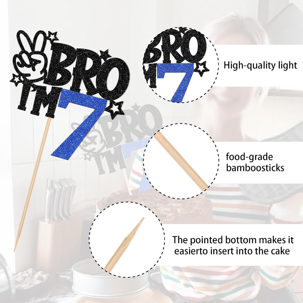 1 PCS Brother I'm 7 Cake Topper Glitter Star Happy 7th Birthday Cake - Blue 7th - image 3