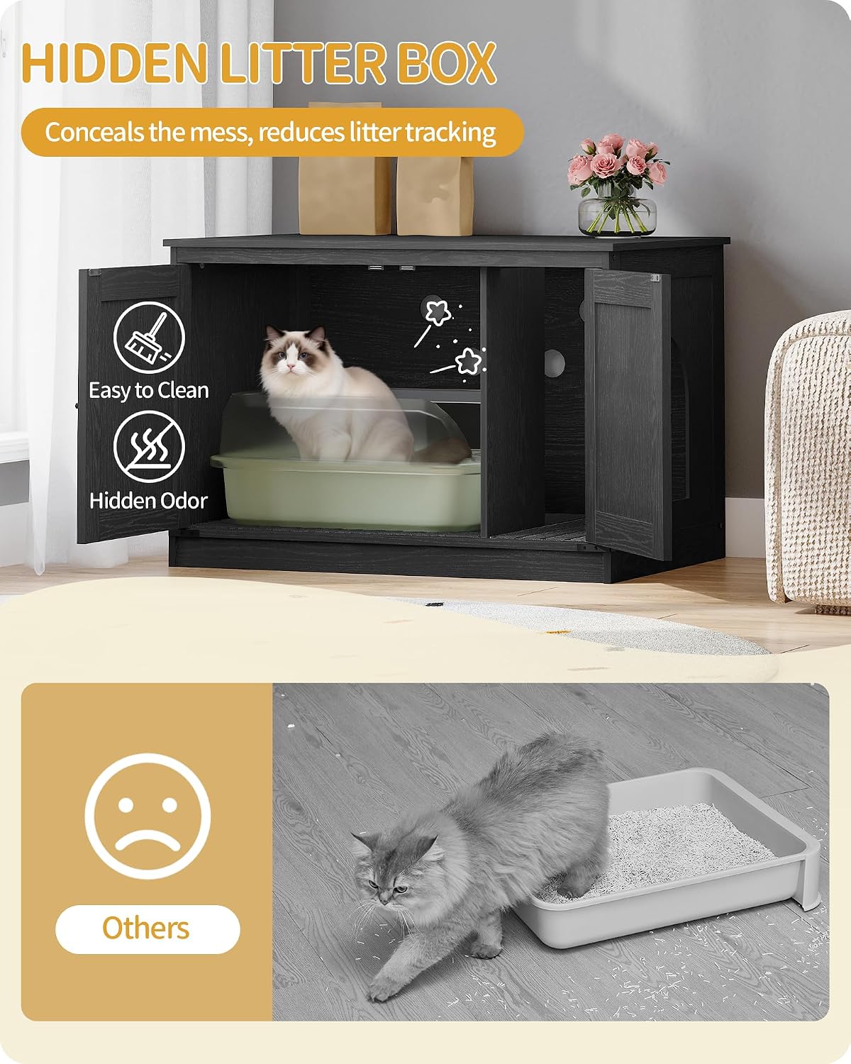 Hzuaneri Cat Litter Box Enclosure - Black / 31.5"L x 21.7"W x 21.3"H - image 3