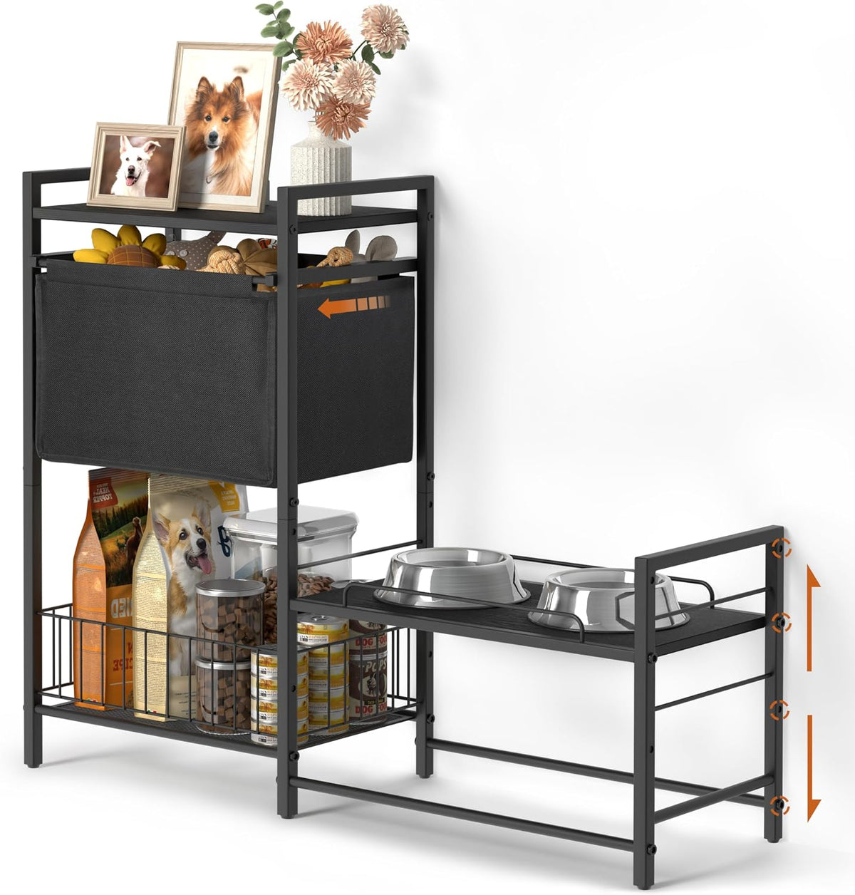Elevated Dog Bowl Stand with Toy Bin Basket - Black / 2"-13.6"H/ 18.9"Dx9.45"W