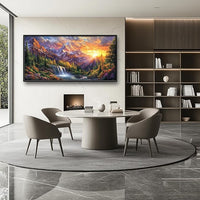 Large Mountain Tree Wall Art for Living Room, Framed Oversized Sunset Waterfall Wall Decor Nature Landscape Canvas Painting Modern Artwork for Living Room Bathroom Bedroom Office Dining Room 60"x30"